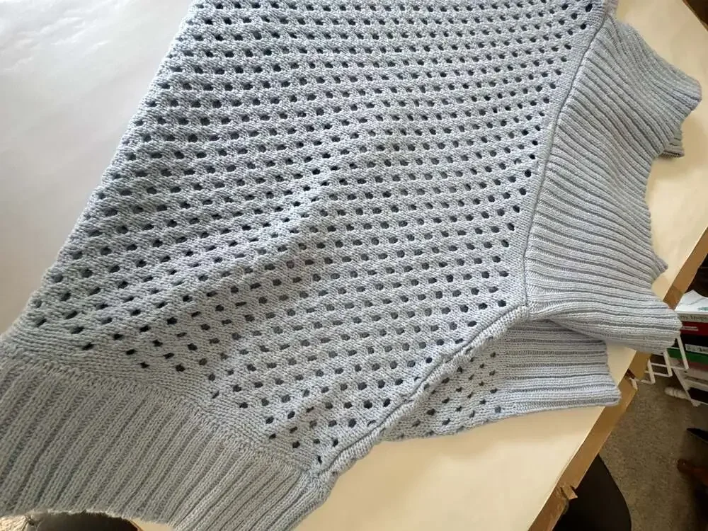SHE+SKY Light Blue Pointelle Knit Half-Zip Short Sleeve Sweater